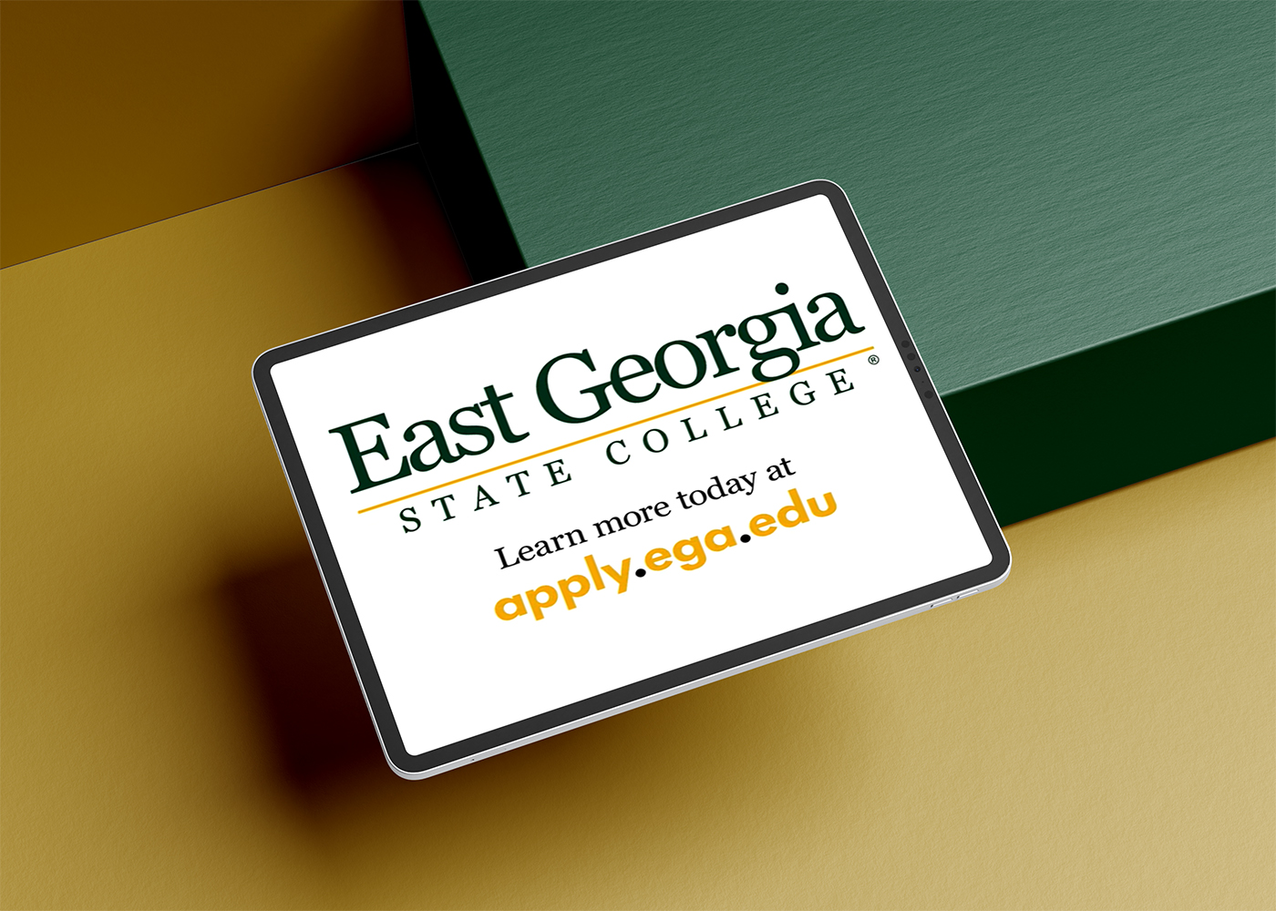 Tablet displaying title slide of East Georgia State College campus video